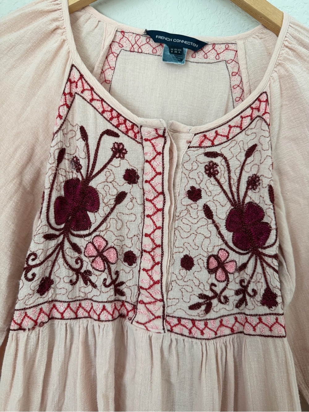 French Connection Boho Embroidered Mini Dress Pink Floral Cottagecore  Size 4 - Picture 4 of 9